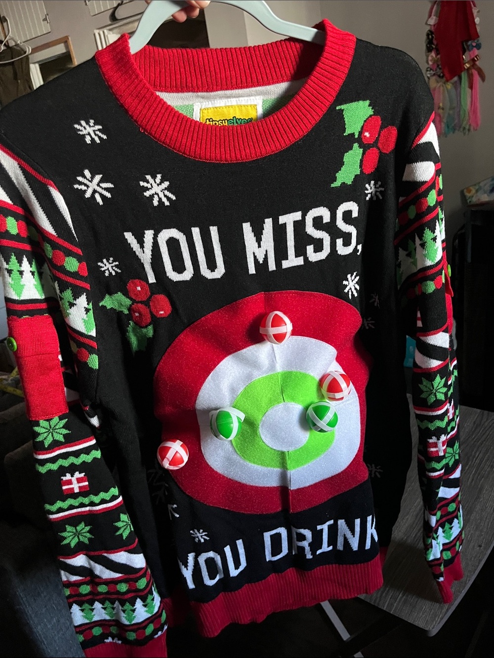 Tipsy Elves "You Miss, You Drink!" Bullseye Drinking Game Ugly Christmas Sweater